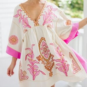 Sunday Up Large Cream Pink Floral‎ Embroidered Tunic V Neck Dress